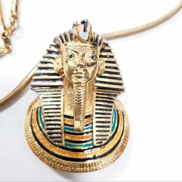 Rare Signed EISENBERG Vintage Egyptian Revival King Tut Pharaoh Pendant Necklace - Picture 3 of 5